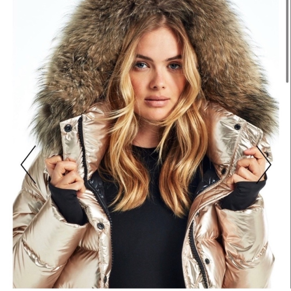 SAM. Women's Shiny Gold Puffer with Real Fur Hood